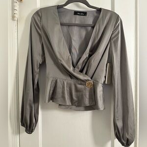 Ana Grace Silky Grey Long-sleeve Wrap Top